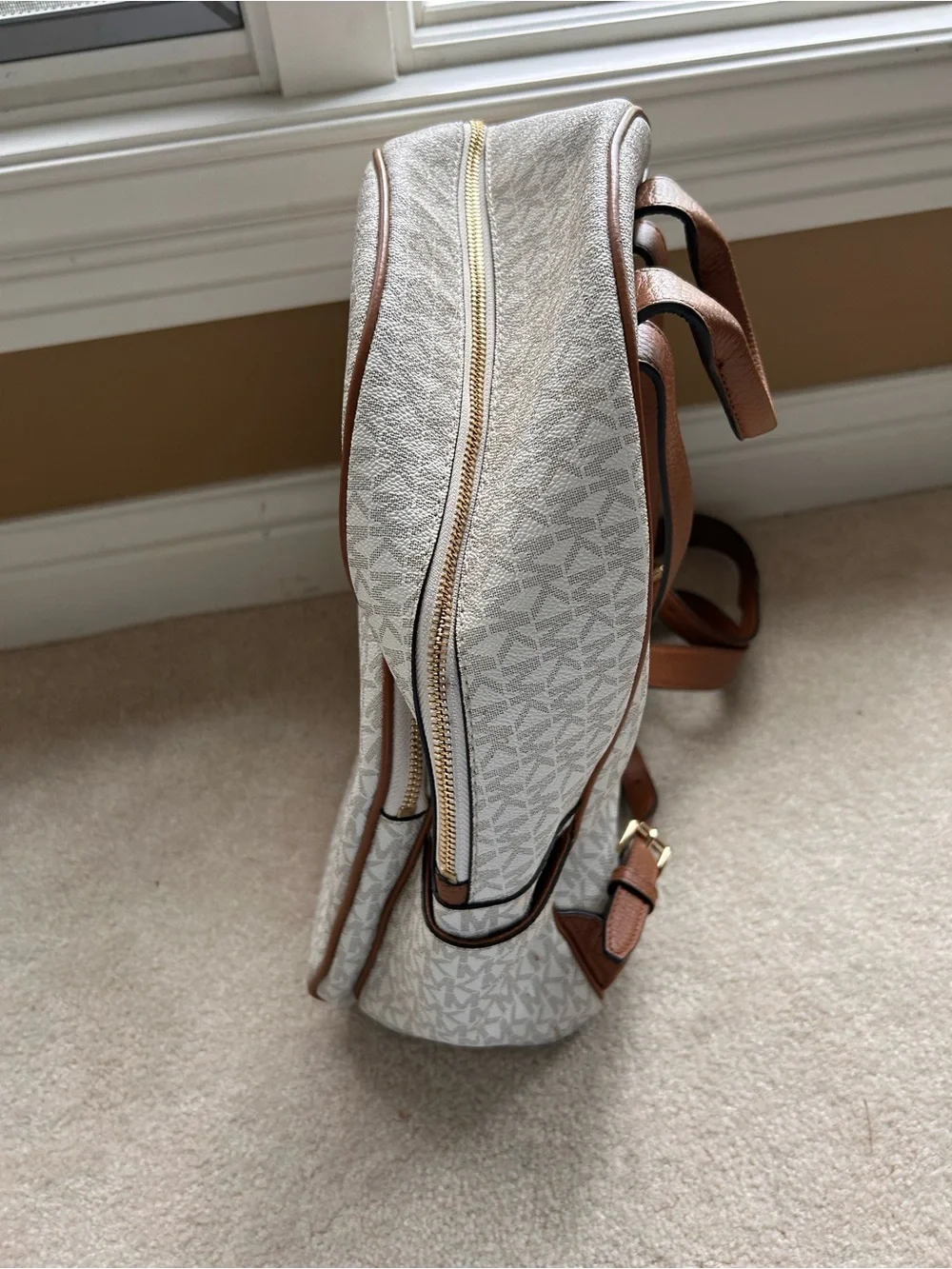 Michael Kors Cream and Brown MK Logo Backpack